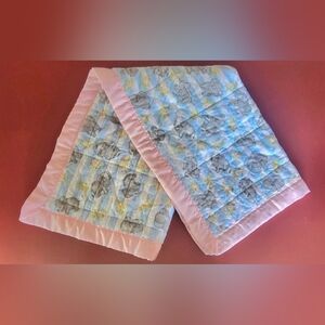 Vintage Handmade Crib Baby Blanket Pink Satin Trim Elephant